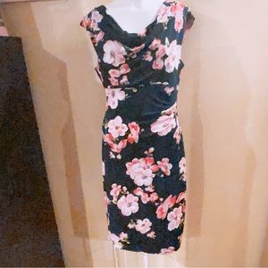 Sleeveless Sheath Dress | Navy Blue with Floral Print | 10| Connected Apparel